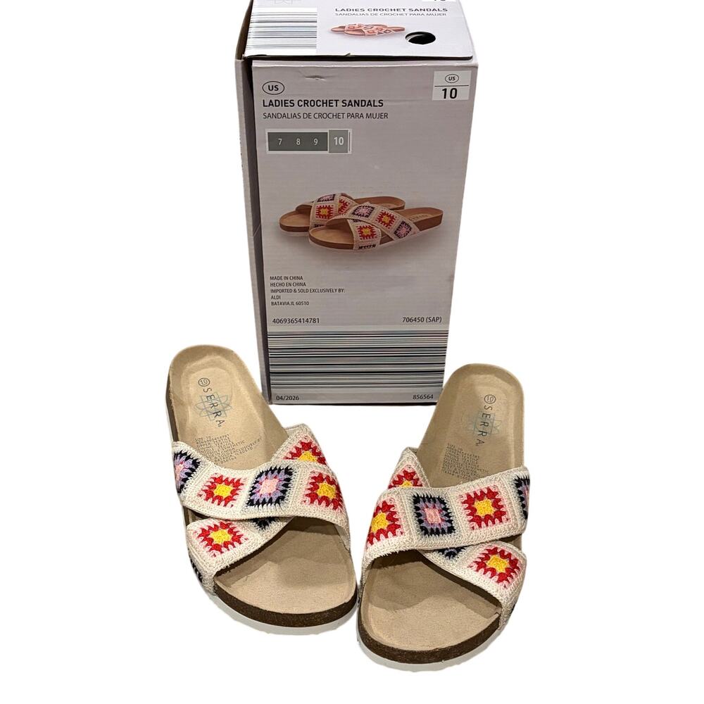 SERRA Women’s Size 10 Crochet Cross Strap Slide Sandals Boho Granny Square NEW
